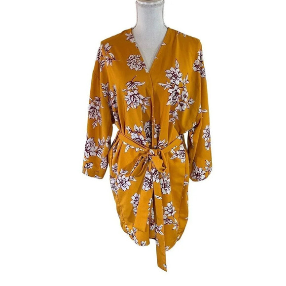 Active USA Yellow Open Slinky Cardigan Large Waist Tie Floral White Dark Red Top - Picture 1 of 7